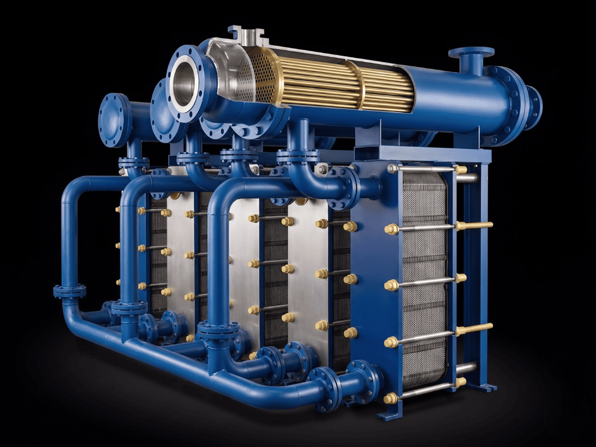 Hybrid steam-to-water heat exchanger combining shell-and-tube and plate technology.