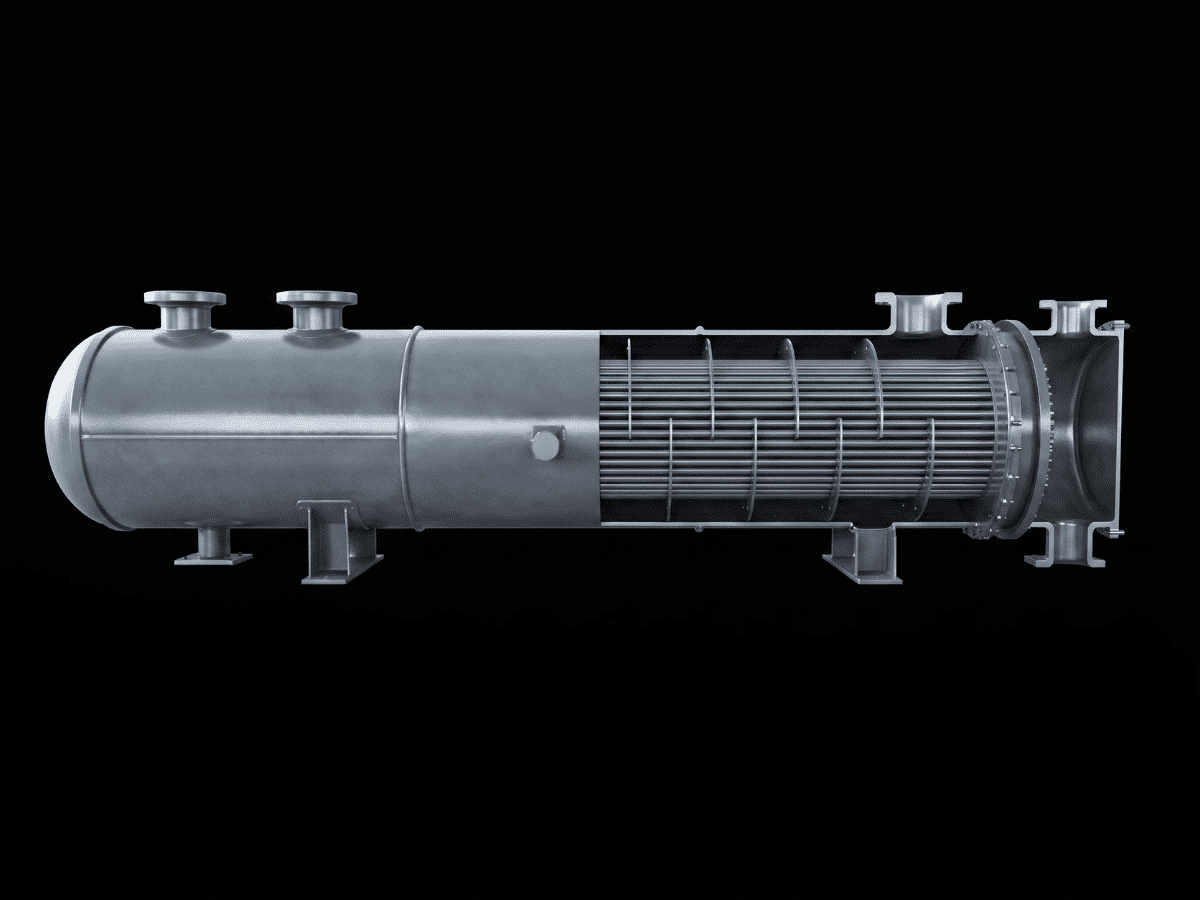 Industrial grade shell and tube heat exchanger, Class D pressure vessel certified.