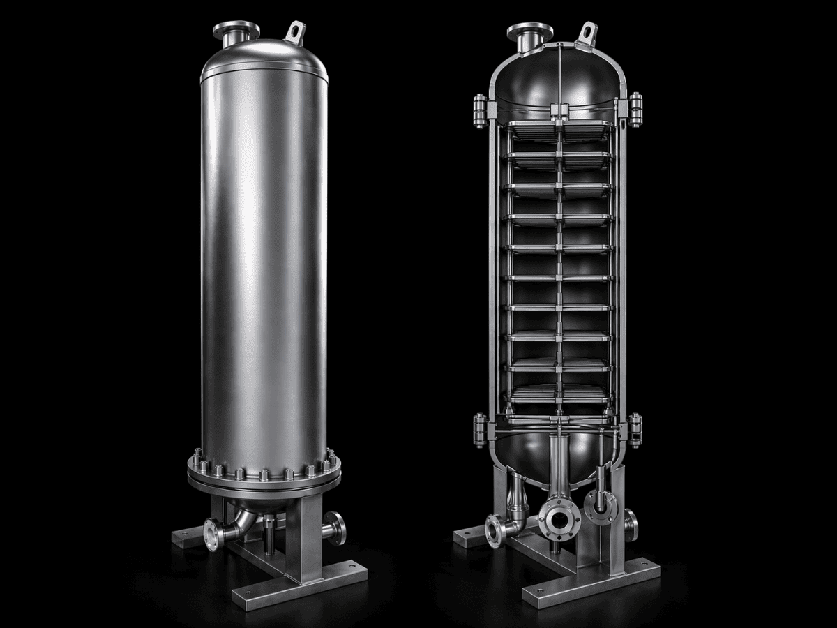 Self-descaling vertical floating coil heat exchanger for industrial hot water supply.