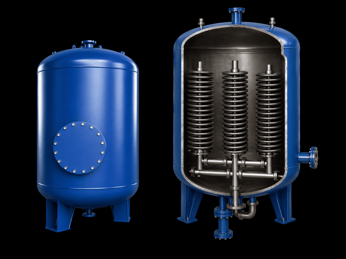 Volumetric storage heat exchanger with large capacity thermal buffer for hospitals.