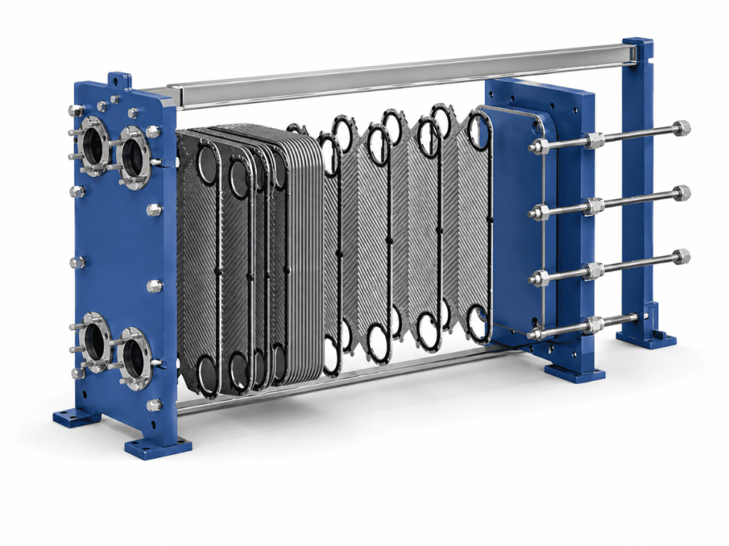 Exploded structure of Hengxin gasketed plate heat exchanger with plates, gaskets, frame plates, guide bars and tightening bolts