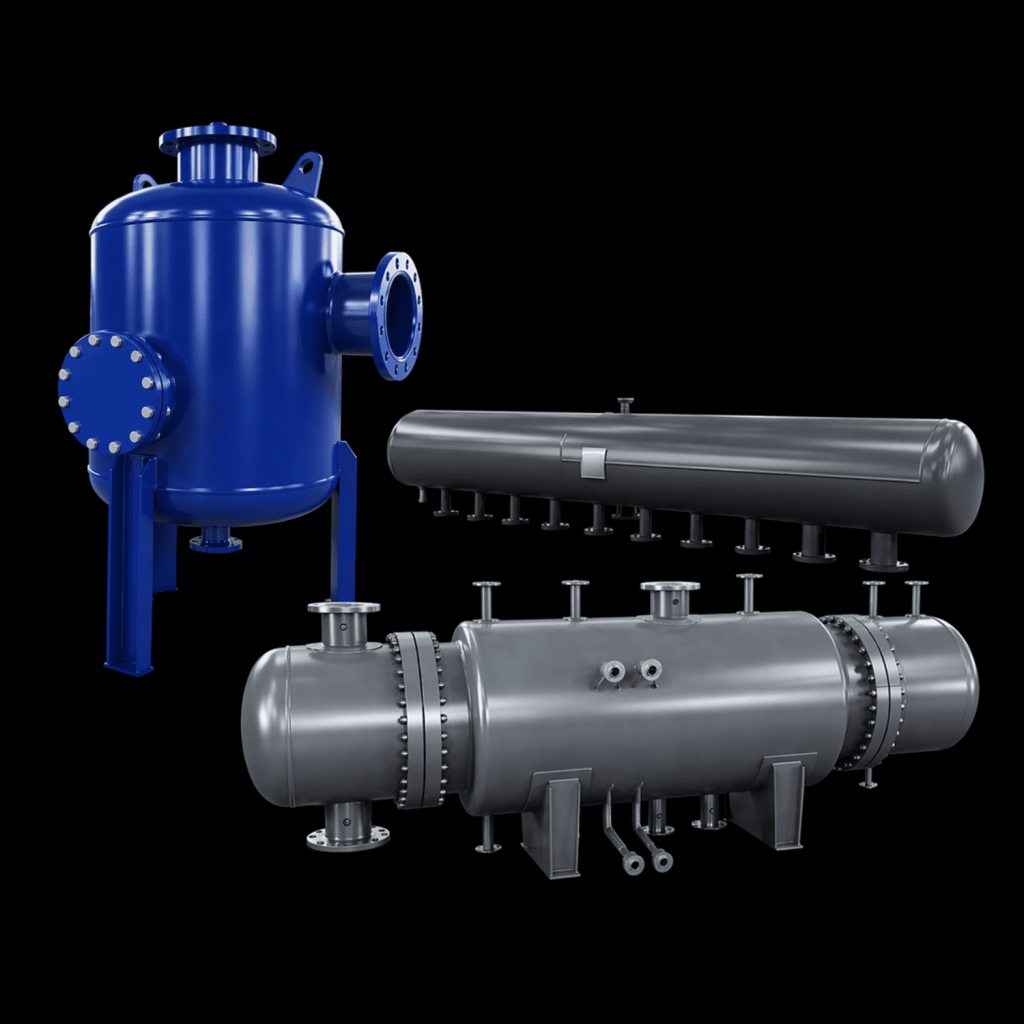 Composite display of industrial heating network heater, high-pressure steam manifold, and hydrocyclone separator by Liaoning Hengxin.