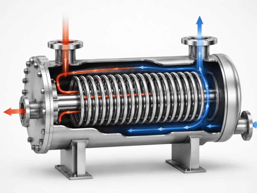 Technical illustration of a spiral wound tube heat exchanger showing the internal spiral tube bundle, separate hot and cold fluid channels, and efficient heat transfer process.