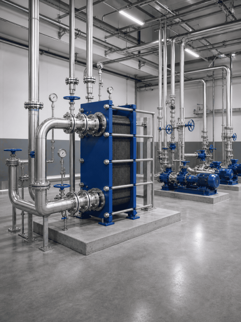 Gasketed plate heat exchanger installed in a mechanical room with connected pipelines and instruments