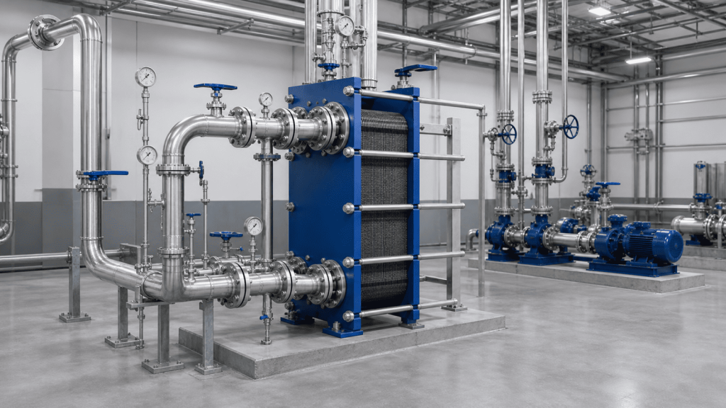 Gasketed plate heat exchanger installed in a mechanical room with connected pipelines and instruments