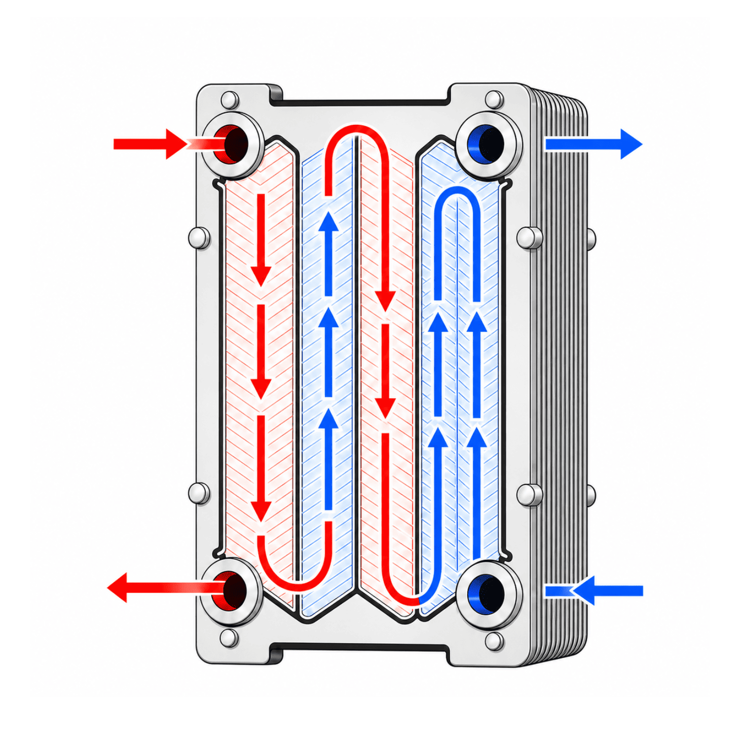 Multi-pass flow arrangement diagram for a gasketed plate heat exchanger