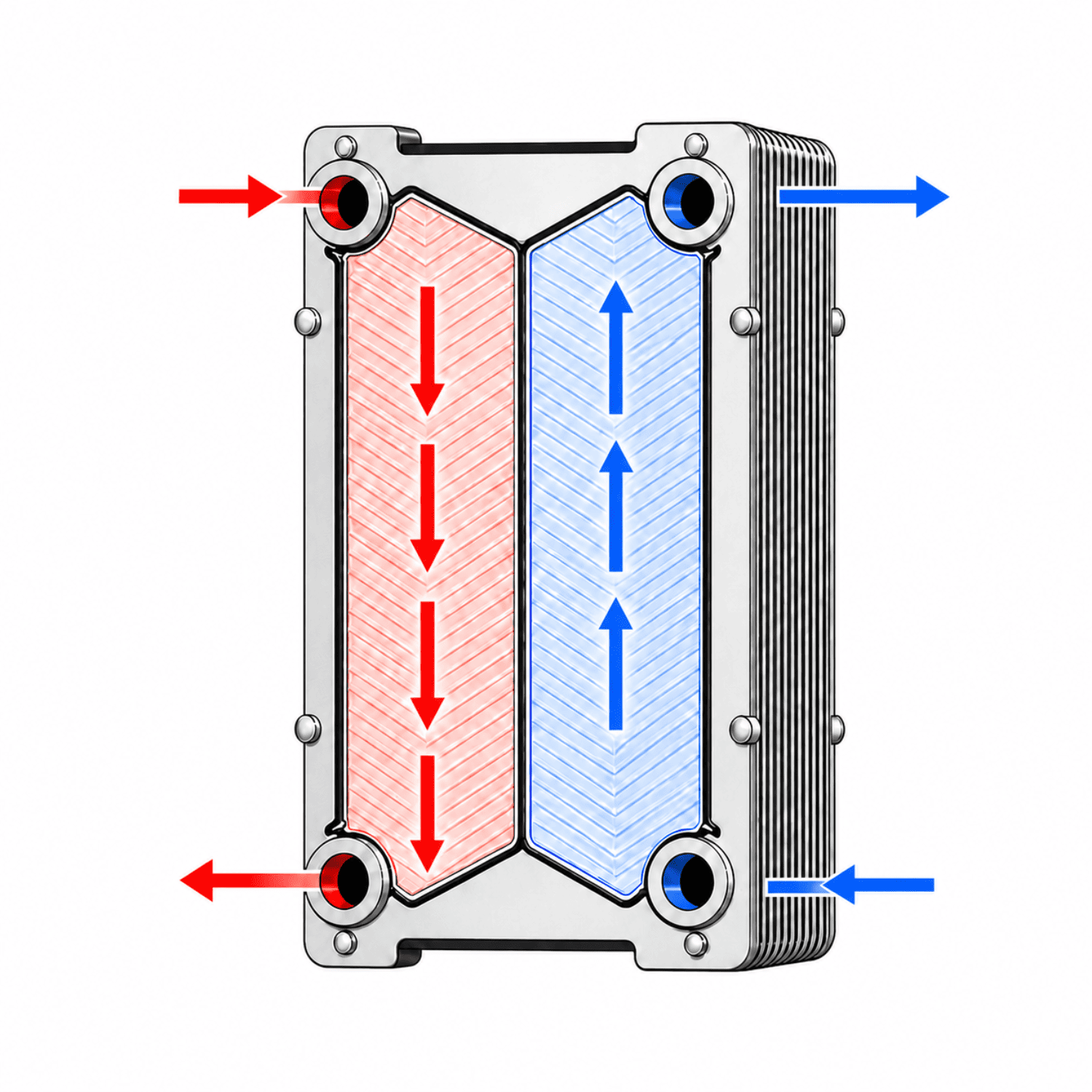 Single-pass flow arrangement diagram for a gasketed plate heat exchanger