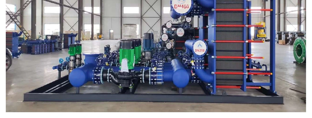 Integrated heat exchange station with pumps valves and control equipment
