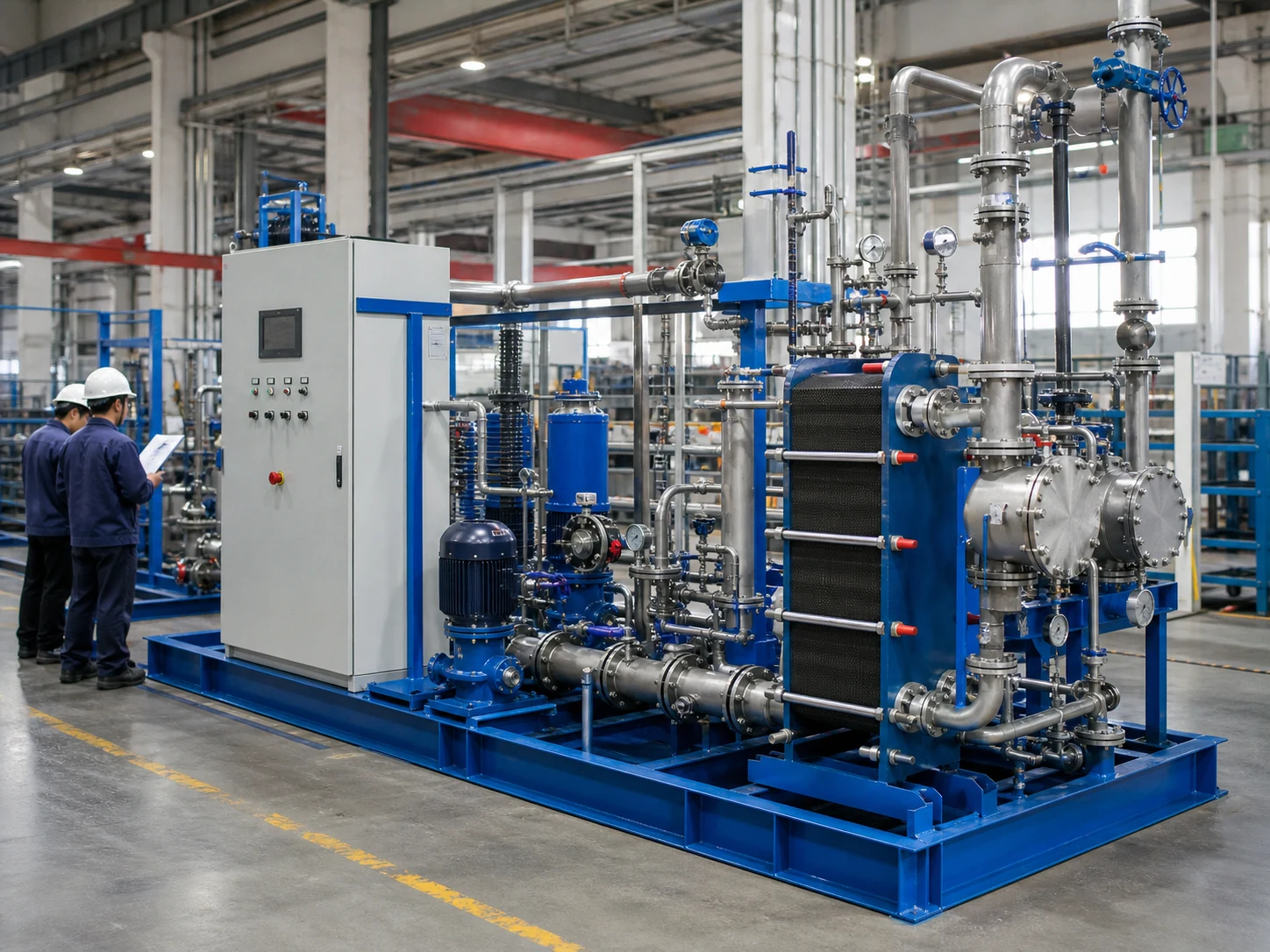 Complete heat exchange station factory quality review with pumps valves control cabinet piping and plate heat exchanger