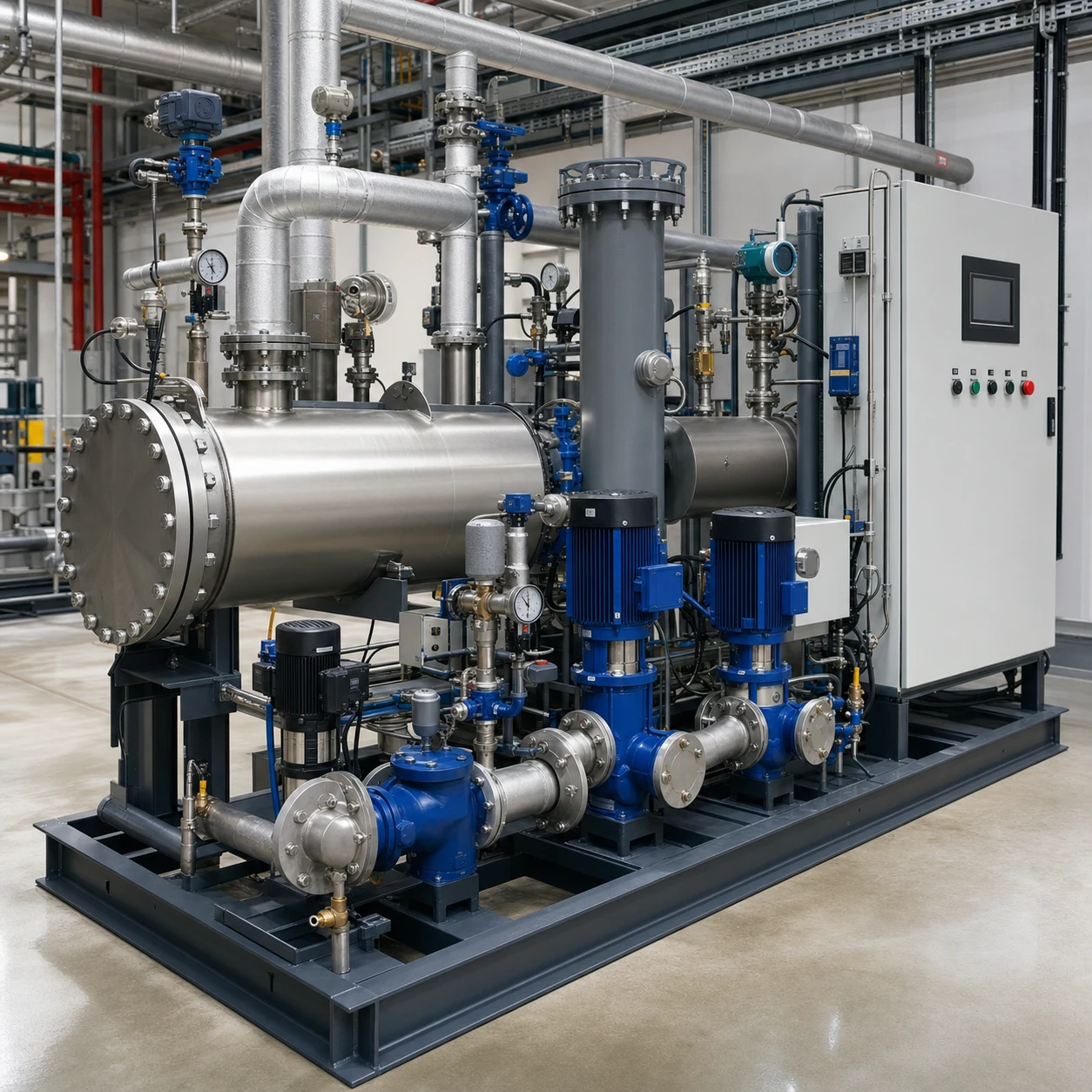 District heating heat exchange station skid with shell and tube exchanger pumps piping instruments and control cabinet
