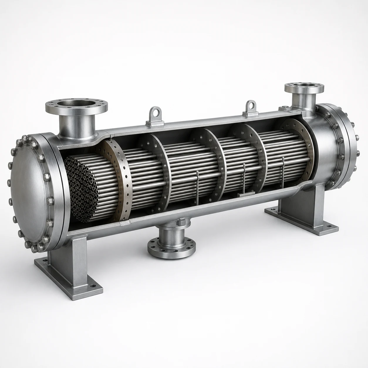 Cutaway view of a shell and tube district heating heat exchanger with tube bundle baffles and flanged shell