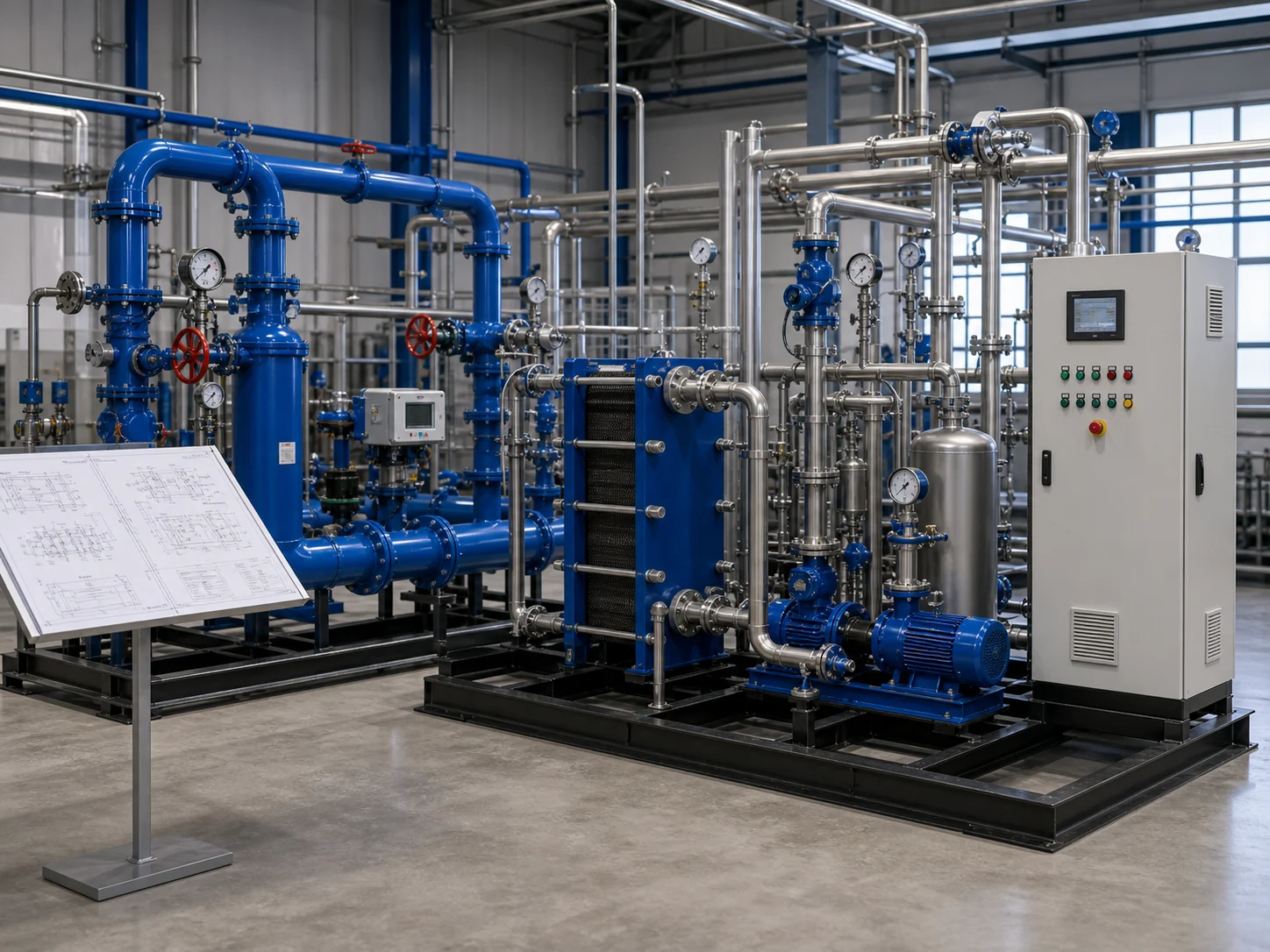 District heating primary secondary loop review with heat exchanger pumps gauges drawings and control cabinet