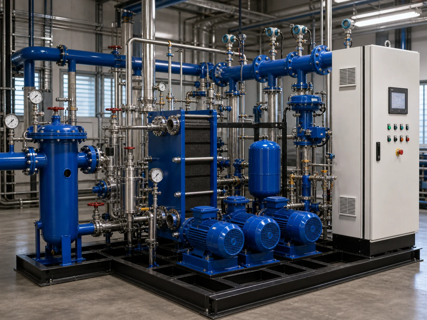 District heating station scope with circulation pumps make-up pump dirt separator regulating valve instruments and cabinet