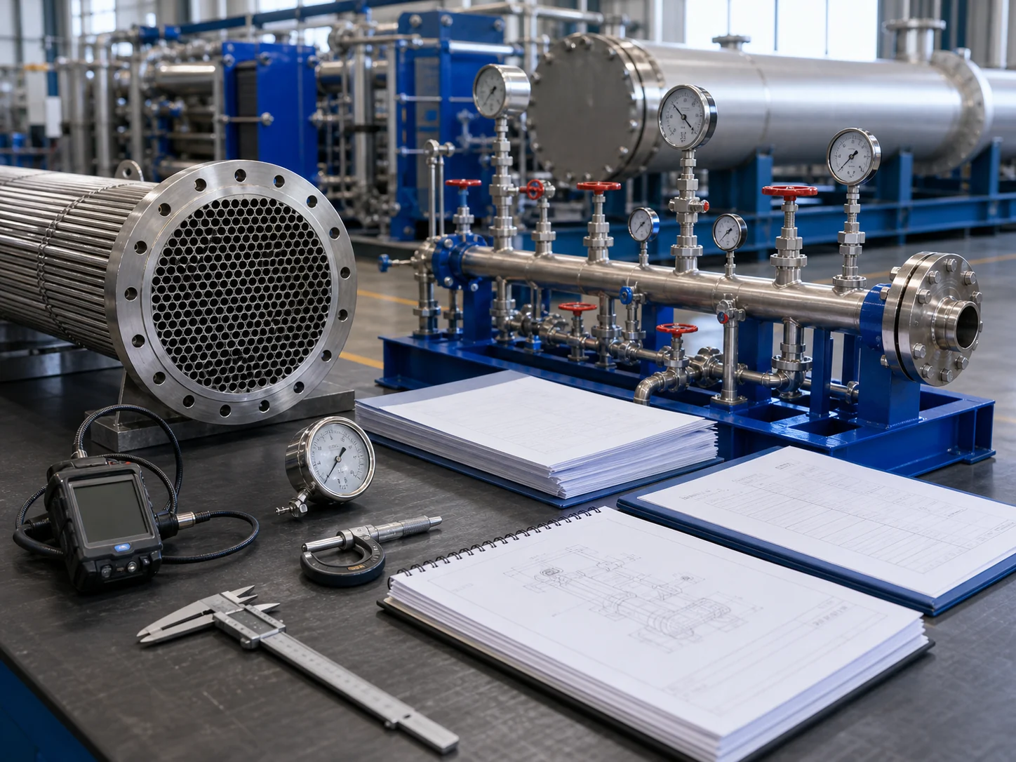 Heat exchanger quality control and project reference review with tube bundle inspection tools and documents
