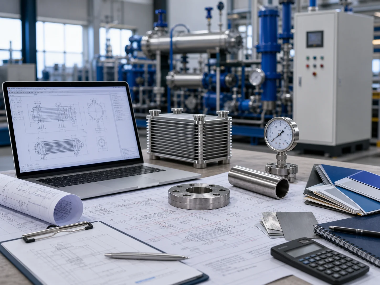 Heat exchanger selection guide review with drawings laptop pressure gauge tube sample and factory equipment