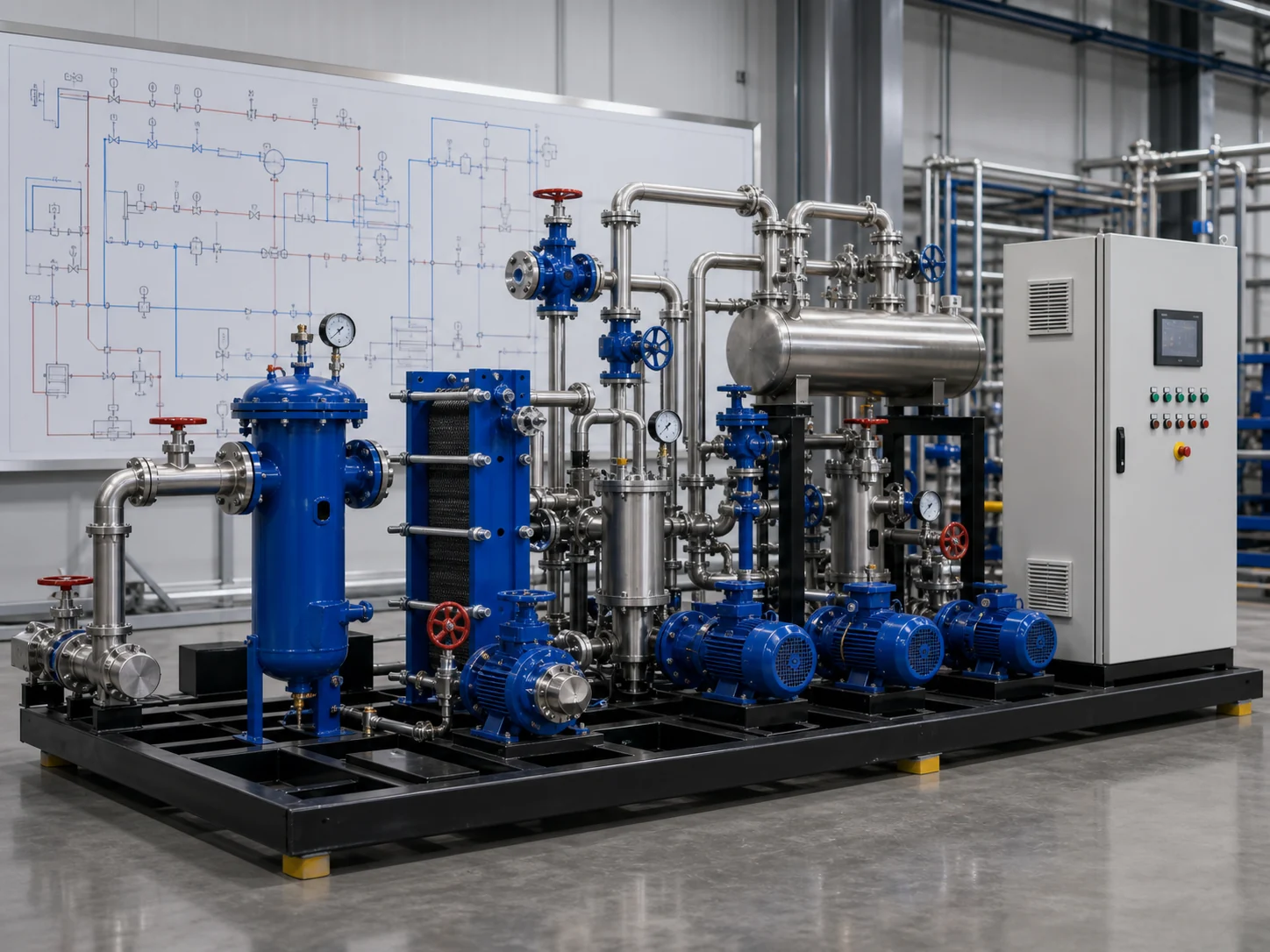 Heat exchange station solution planning with pumps valves control cabinet and pipe manifolds