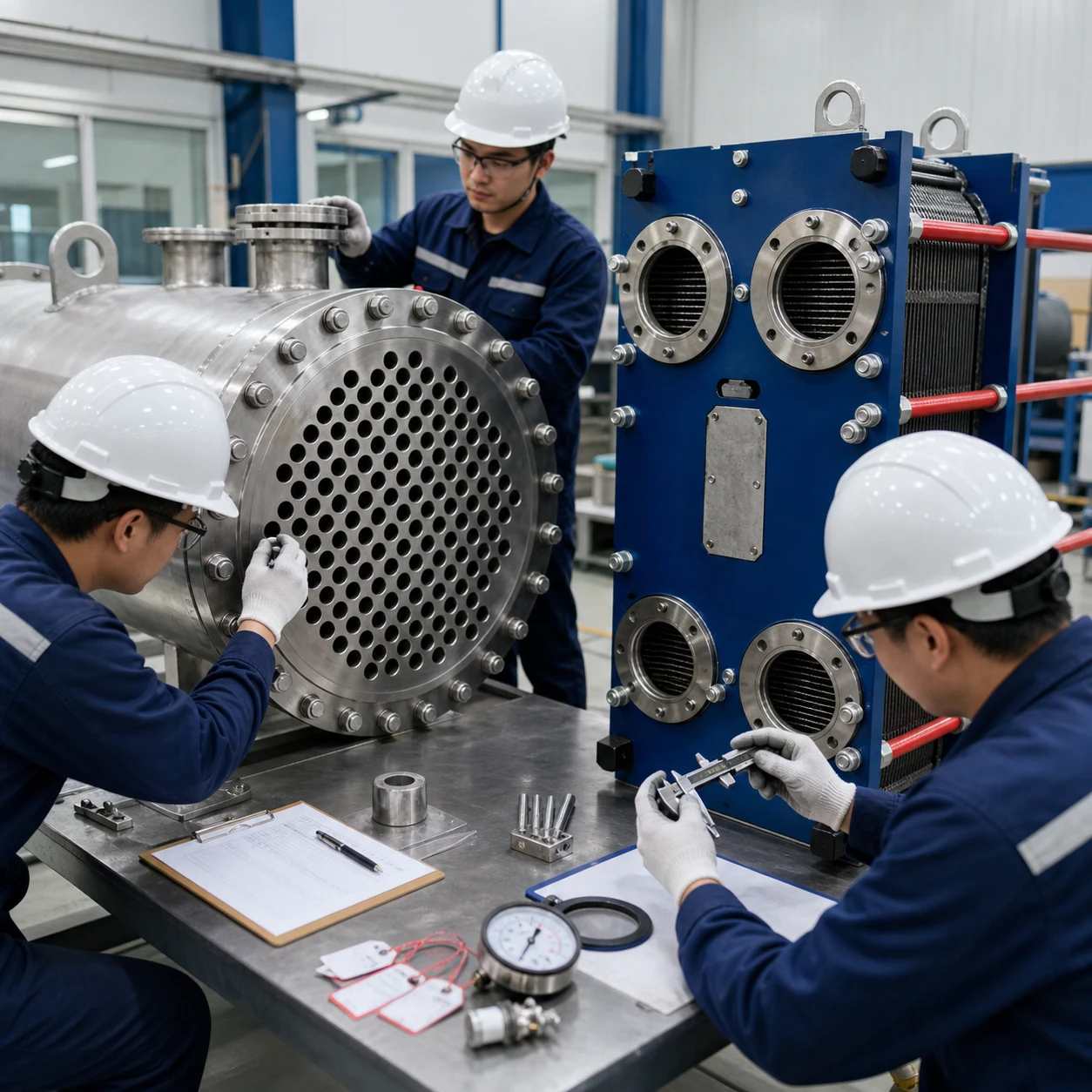Heat exchanger inspection and testing quality control with tube sheet plate frame gauges and technicians