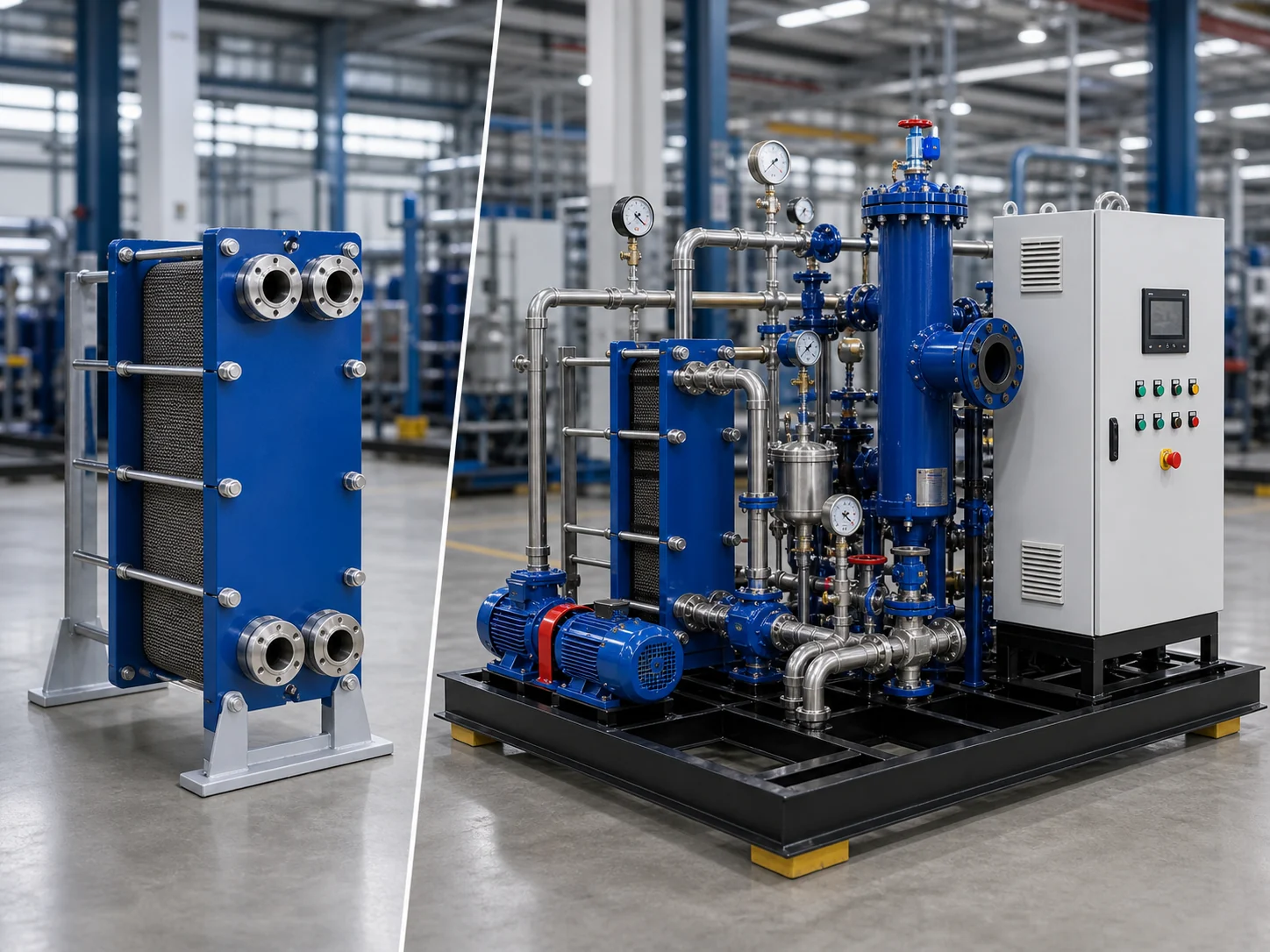 Standalone exchanger and complete heat exchange station comparison with pumps valves and control cabinet