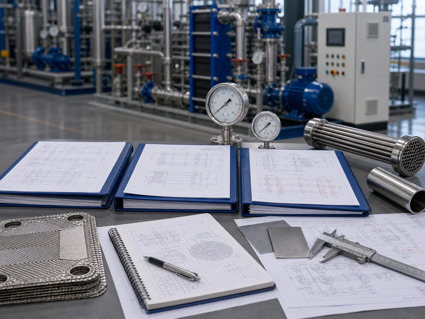 Heat exchanger project selection review with blank folders drawings gauges tube sample plate sample and caliper