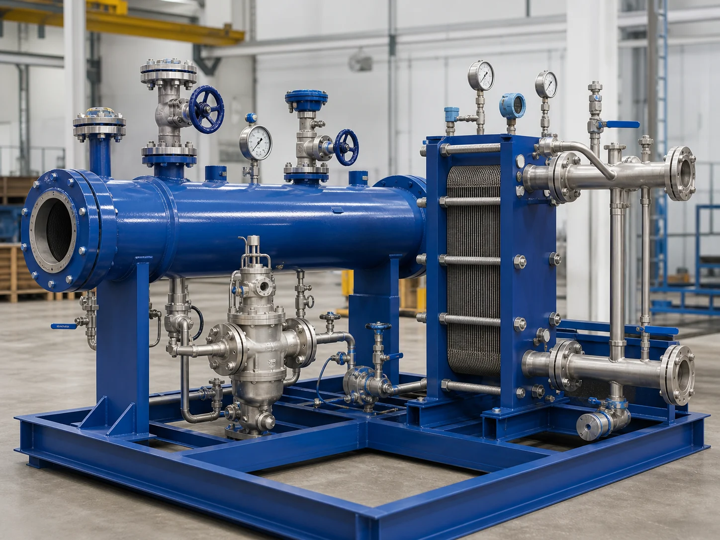 Integrated steam-to-water exchanger core with tubular steam section plate heat exchanger valves and gauges