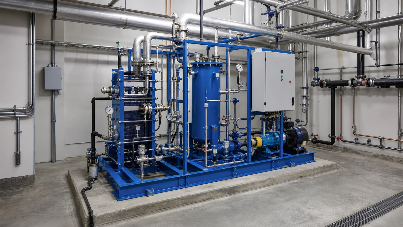 Integrated steam-to-water exchanger installed in a mechanical room with connected piping pumps and control cabinet