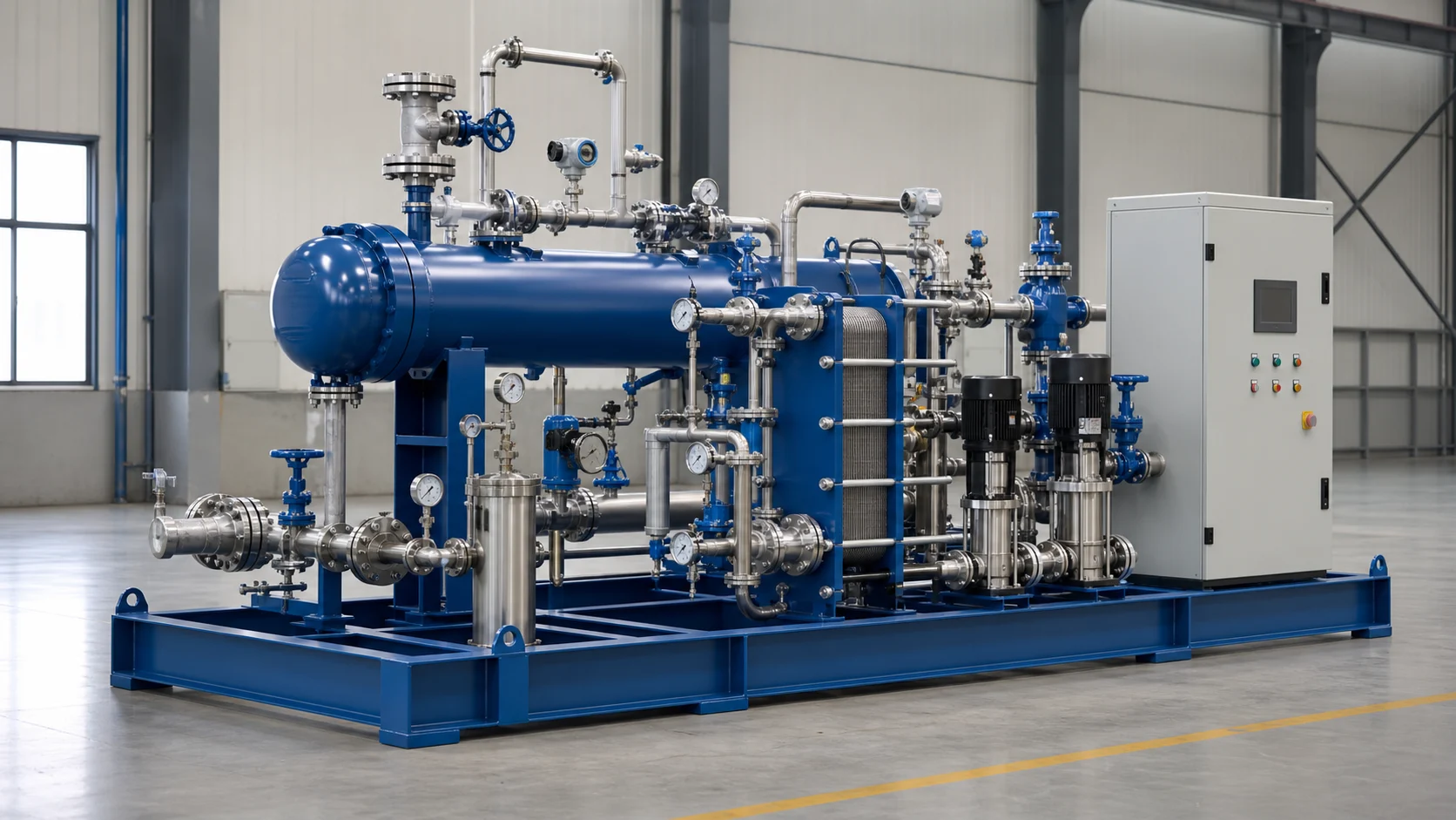 Integrated steam-to-water heat exchange skid with tubular exchanger plate exchanger pumps valves control cabinet and piping
