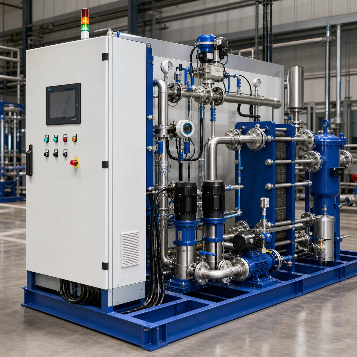 Intelligent unattended heat exchange system control cabinet pumps sensors and plate heat exchanger architecture