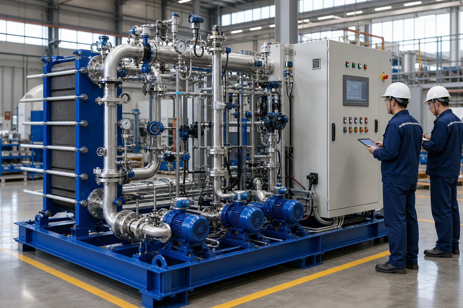 Hengxin intelligent unattended heat exchange system manufacturing quality inspection with pumps cabinet and skid piping