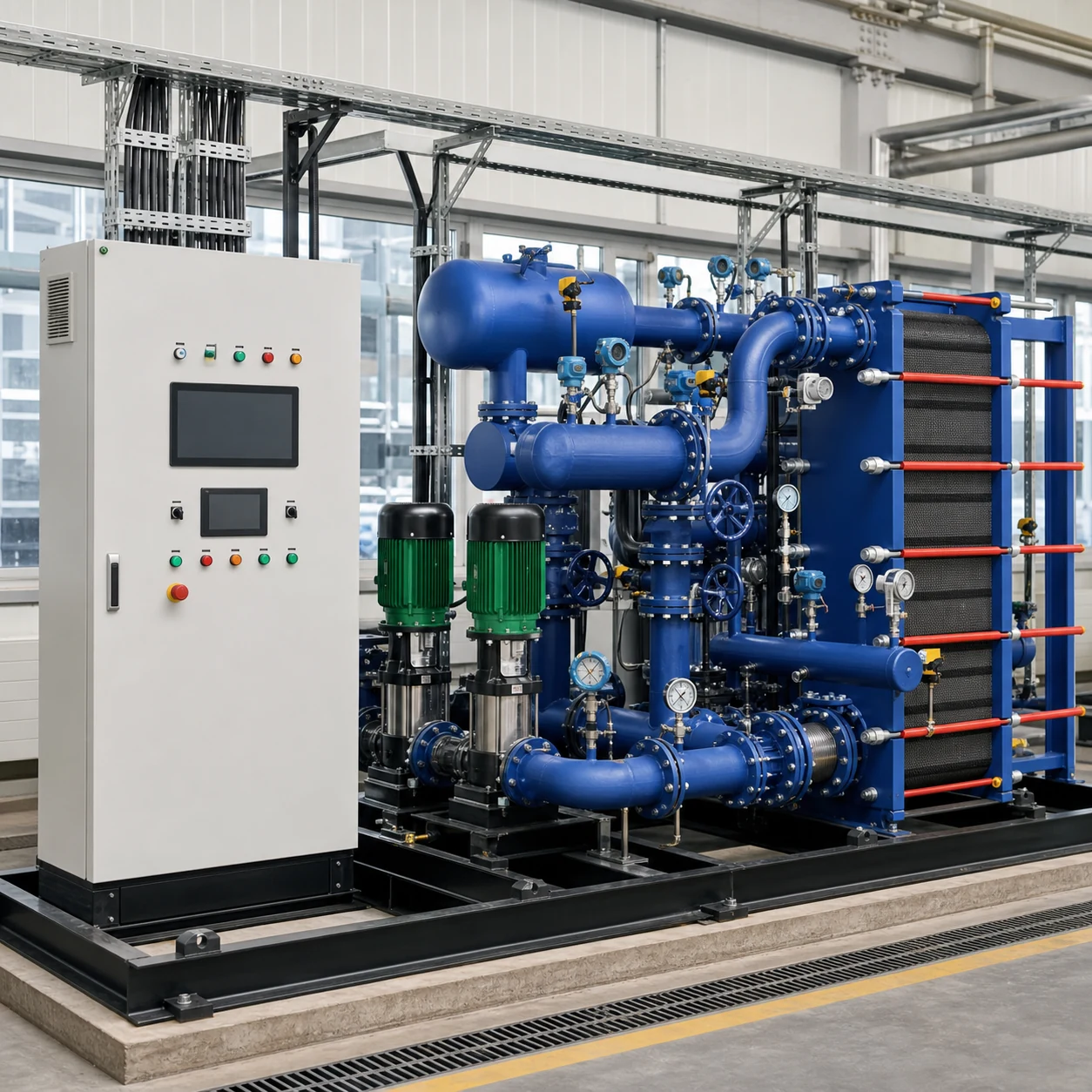 Intelligent unattended water-water heat exchange system with control cabinet and pump skid