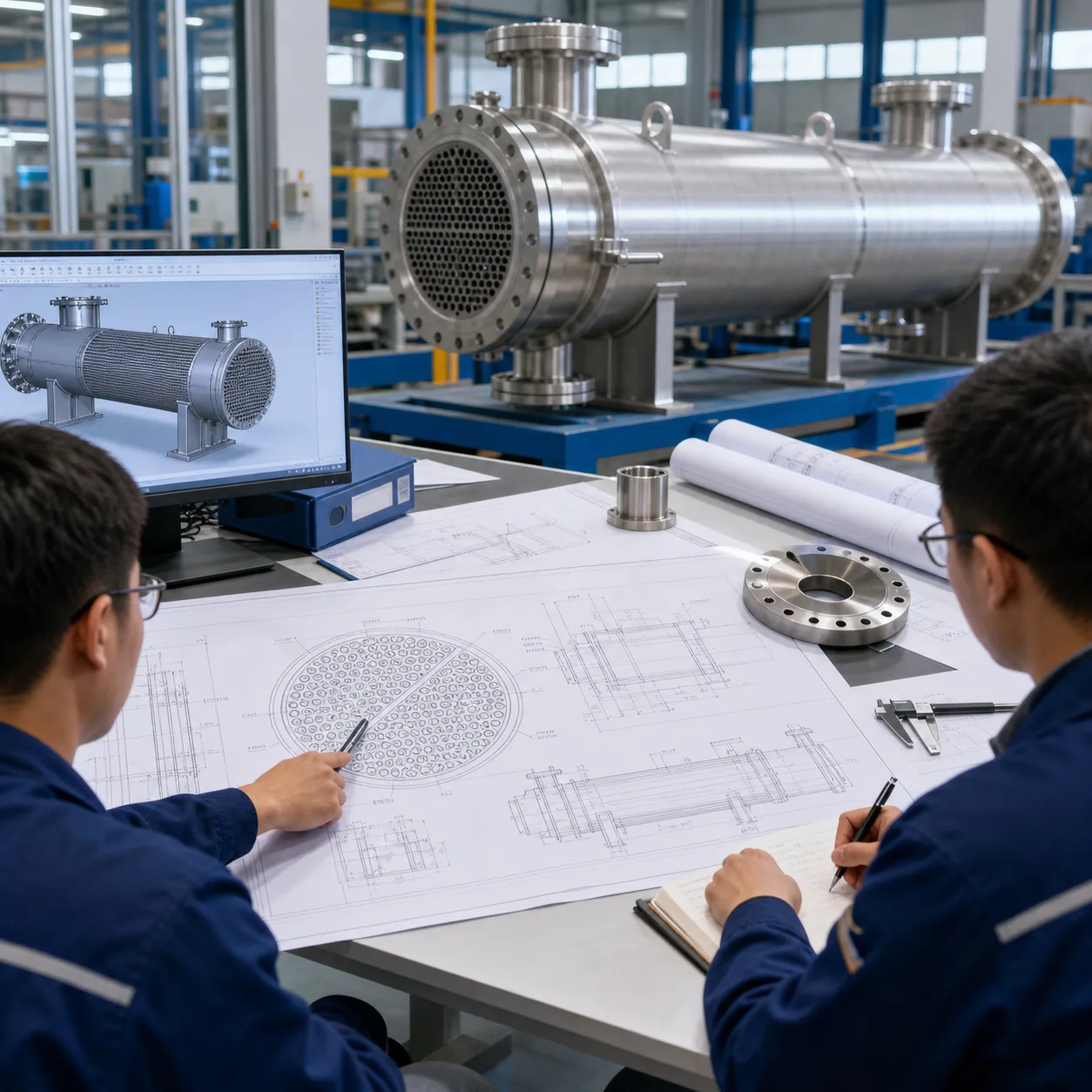 Engineering design review for shell and tube heat exchanger tube sheet baffle and pressure vessel configuration