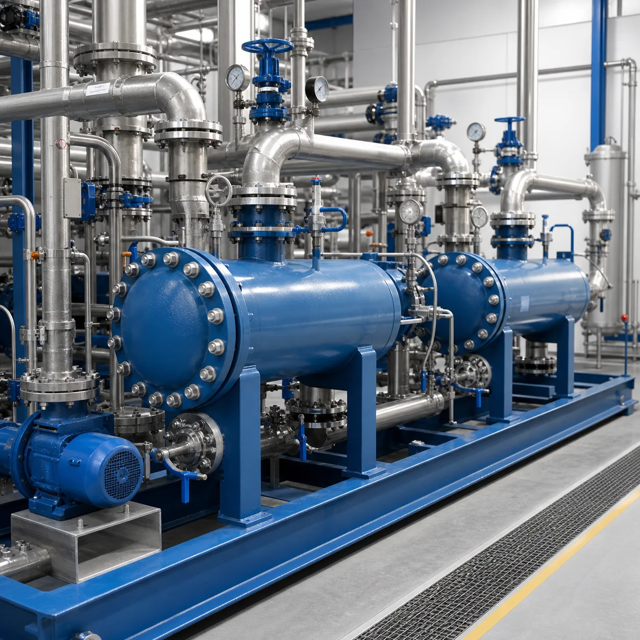 Shell and tube heat exchanger process skid for industrial heating cooling and condensing applications
