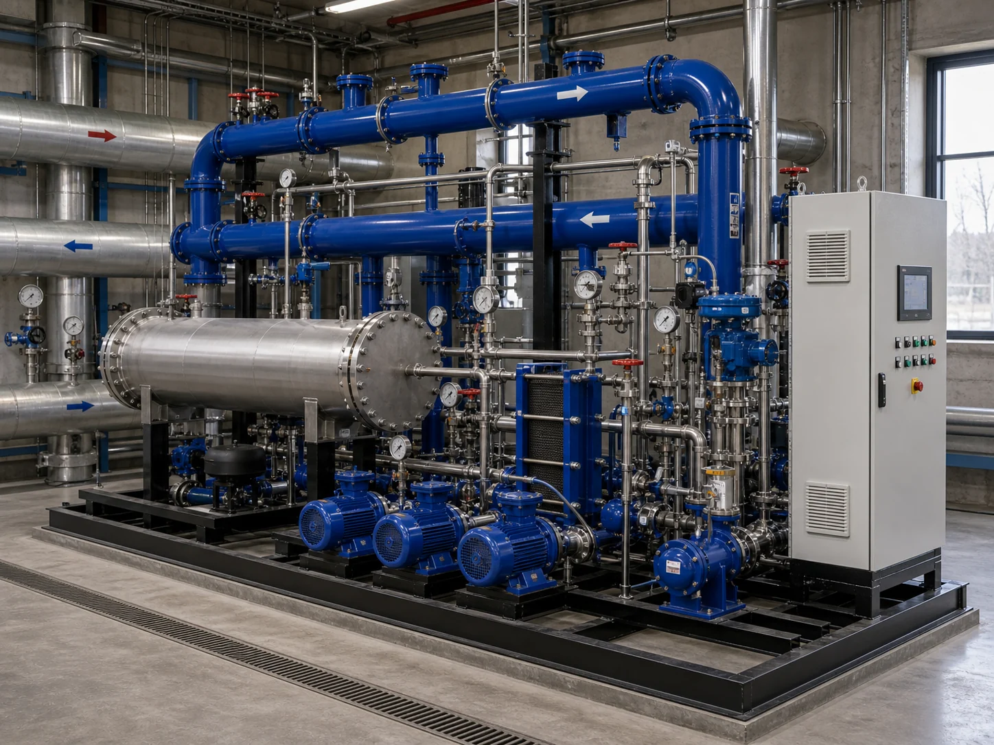 District heating solution preview with primary secondary loops shell and tube exchanger pump group valves and cabinet