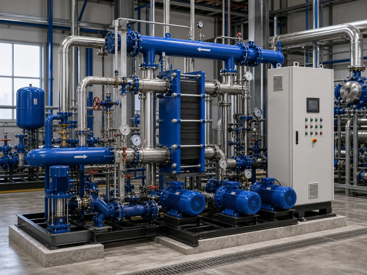 District heating station route with primary secondary pipe headers pumps valves instruments and control cabinet