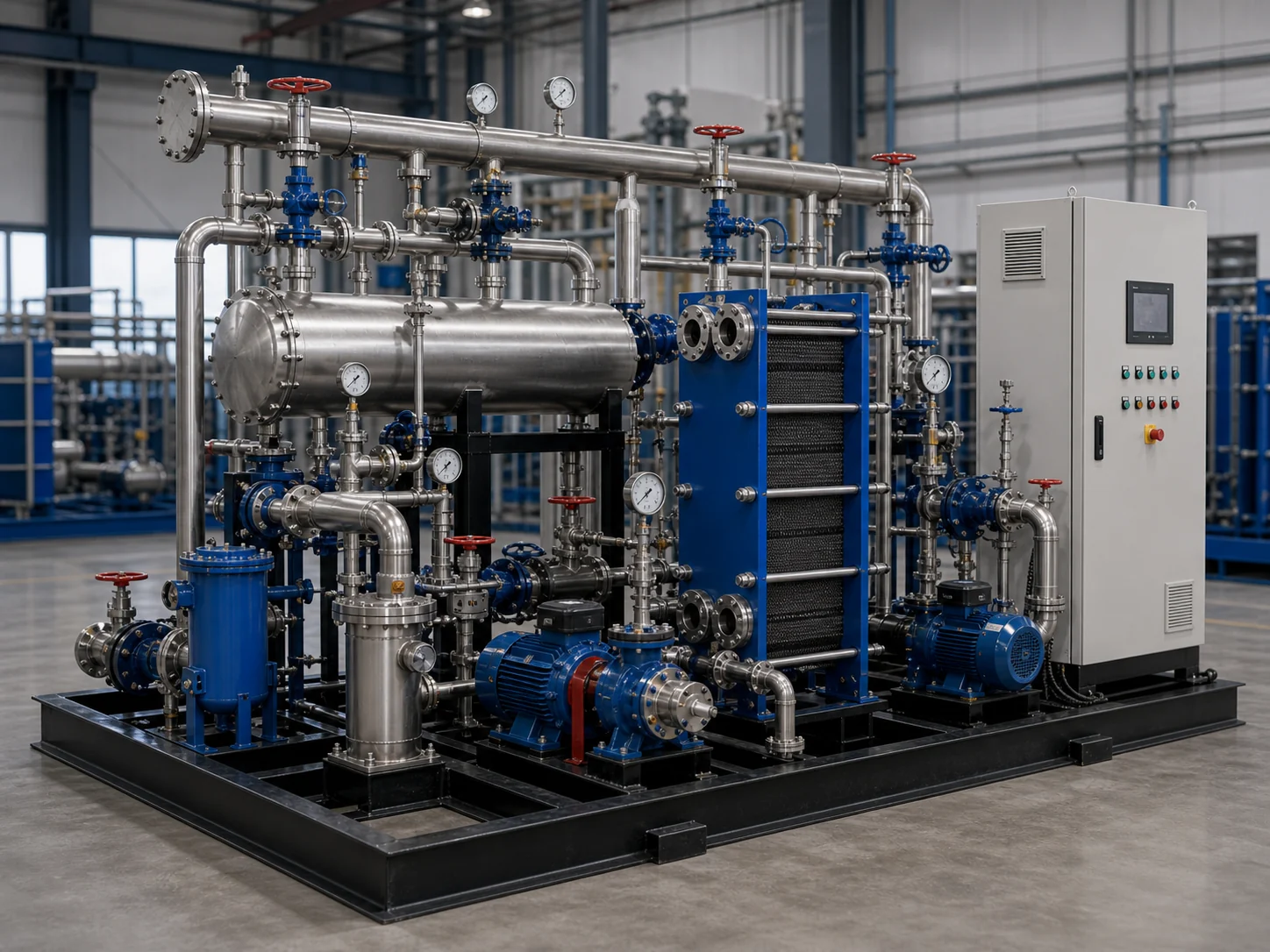 Steam-to-water solution preview with steam header condensate path tubular vessel plate exchanger pumps and cabinet