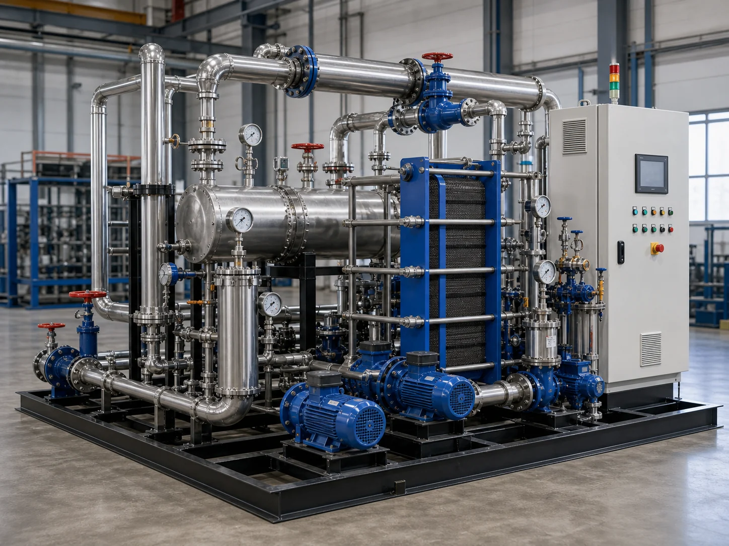 Steam-to-water heat exchange station route with tubular vessel plate exchanger pumps valves gauges and control cabinet