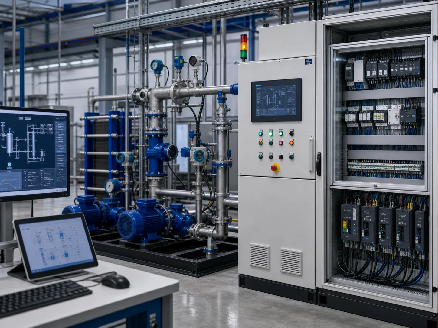 Unattended heat exchange station control system with PLC cabinet sensors pumps valves and monitoring panel