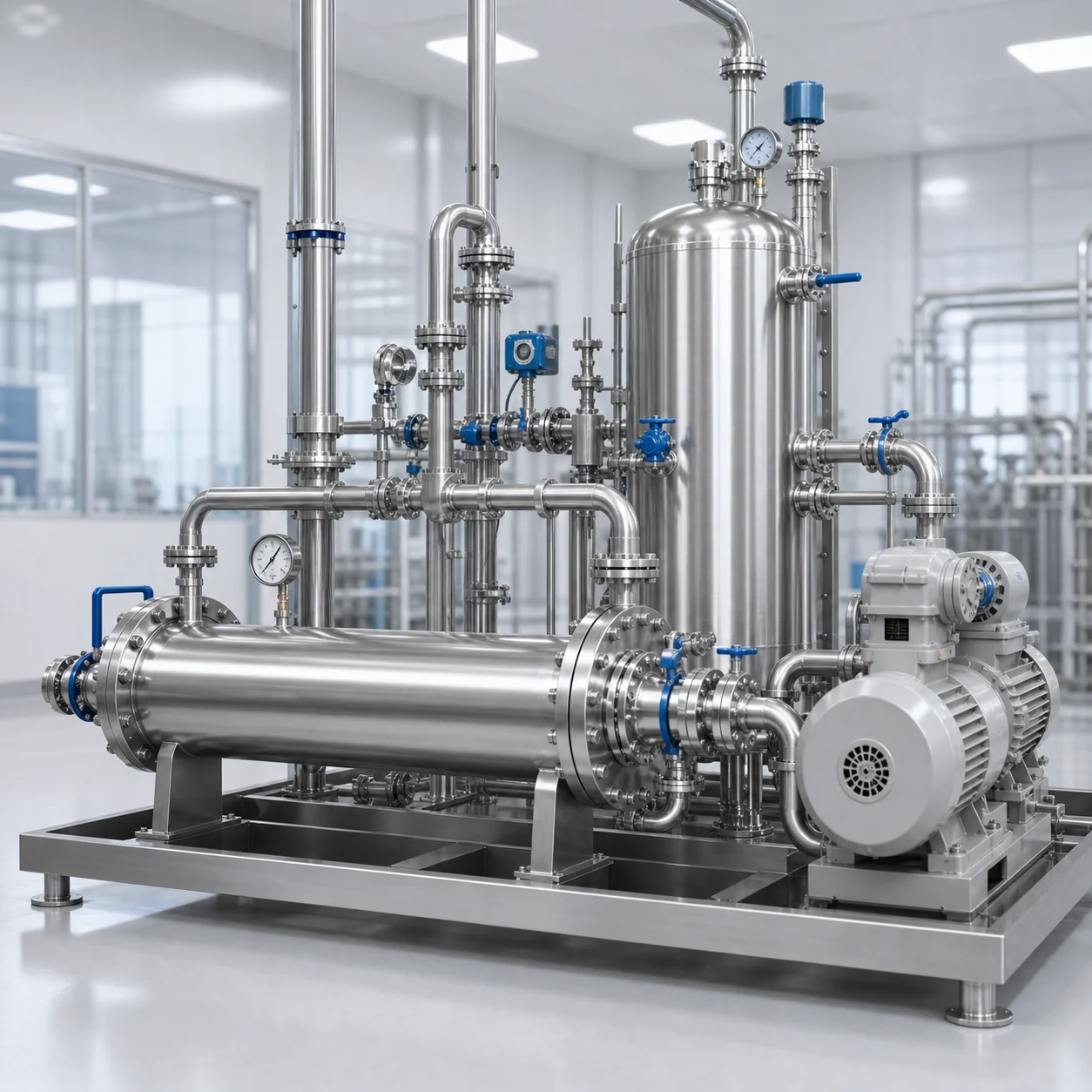 Typical process configuration skid for spiral wound tube heat exchanger reflux condensation and vacuum recovery systems
