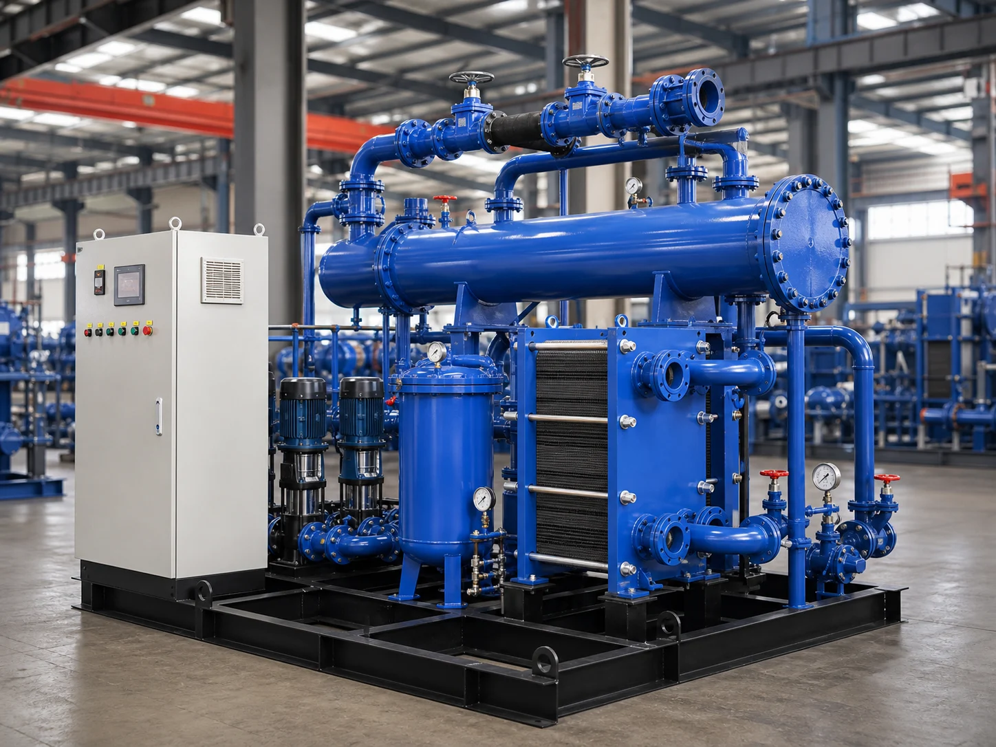 Blue Hengxin steam-to-water heat exchange skid with tubular exchanger plate exchanger pumps and control cabinet