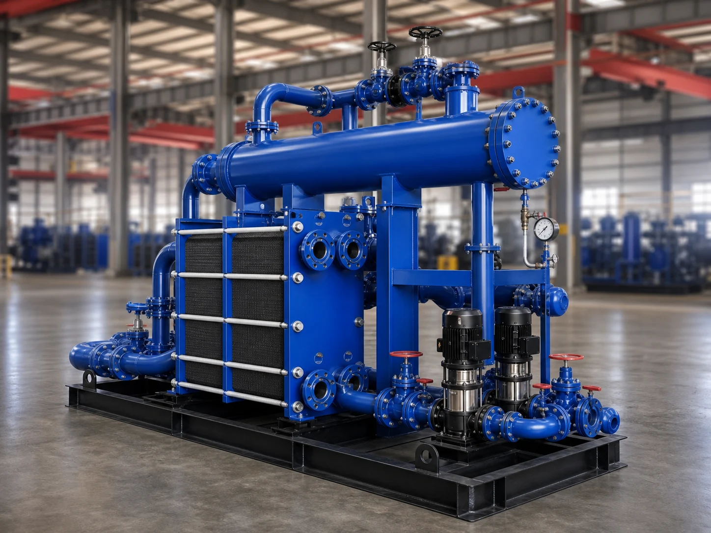 Hengxin blue steam-to-water heat exchanger with tubular steam section mounted above a gasketed plate heat exchanger