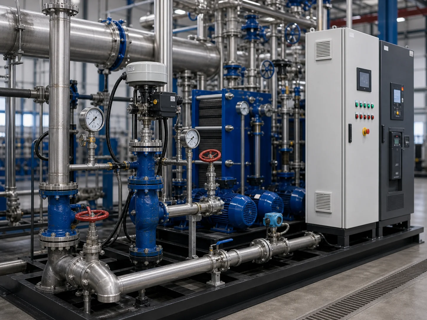 Steam-to-water station commissioning with condensate drainage control valve gauges pump group and control cabinet