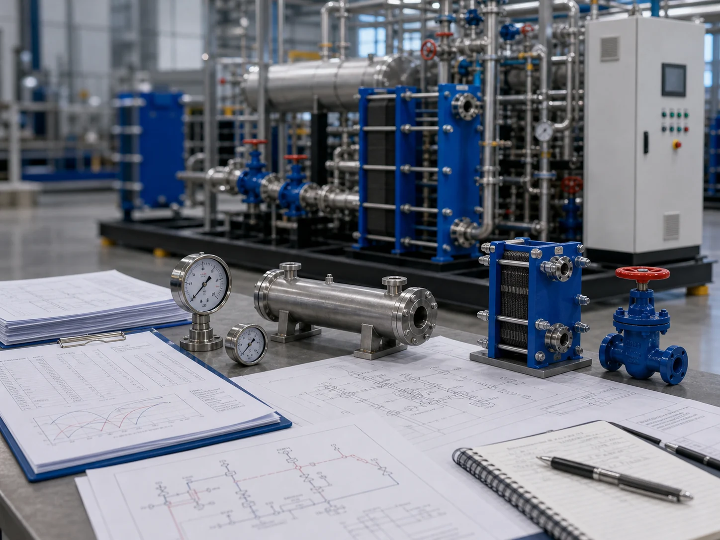 Steam-to-water project decision review with drawings gauges valve samples and blurred station equipment