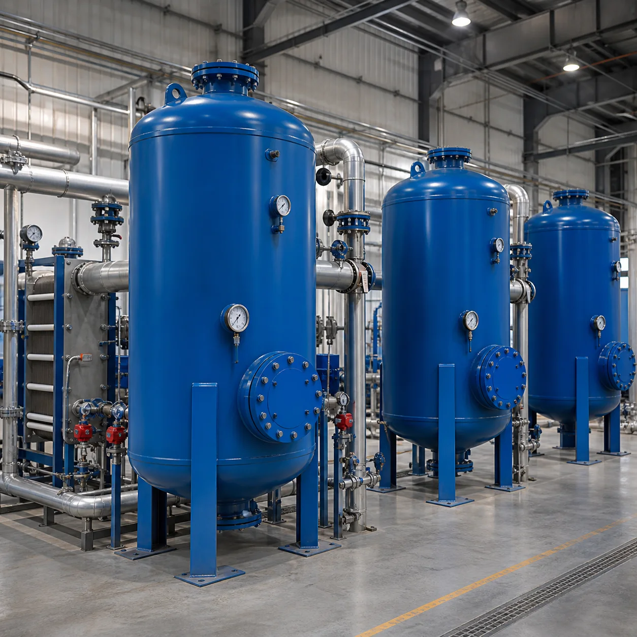 Storage-type heat exchanger hot water system installation with blue vertical vessels, piping and gauges