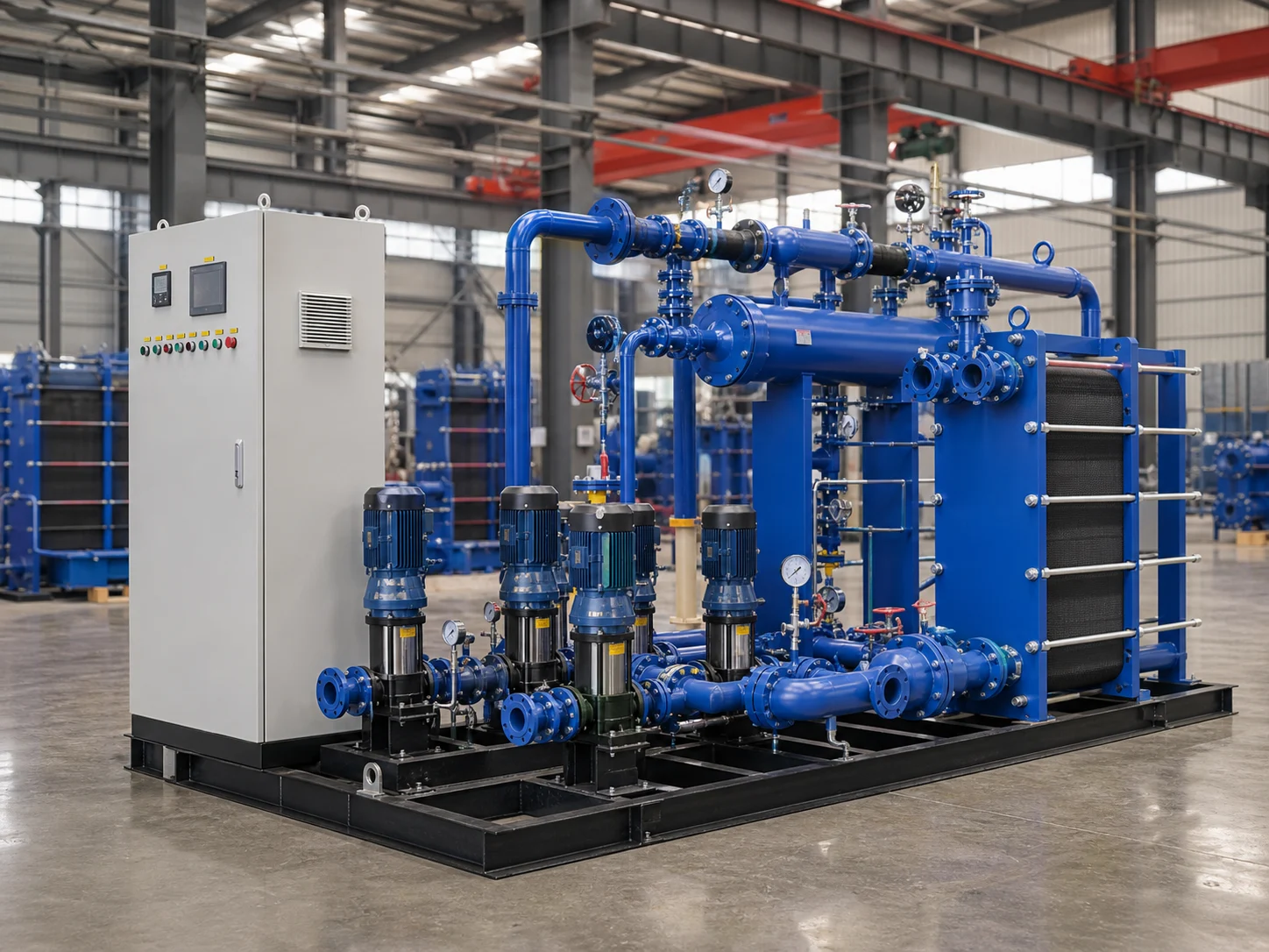 Hengxin blue unattended steam-to-water heat exchange station with pumps control cabinet and piping