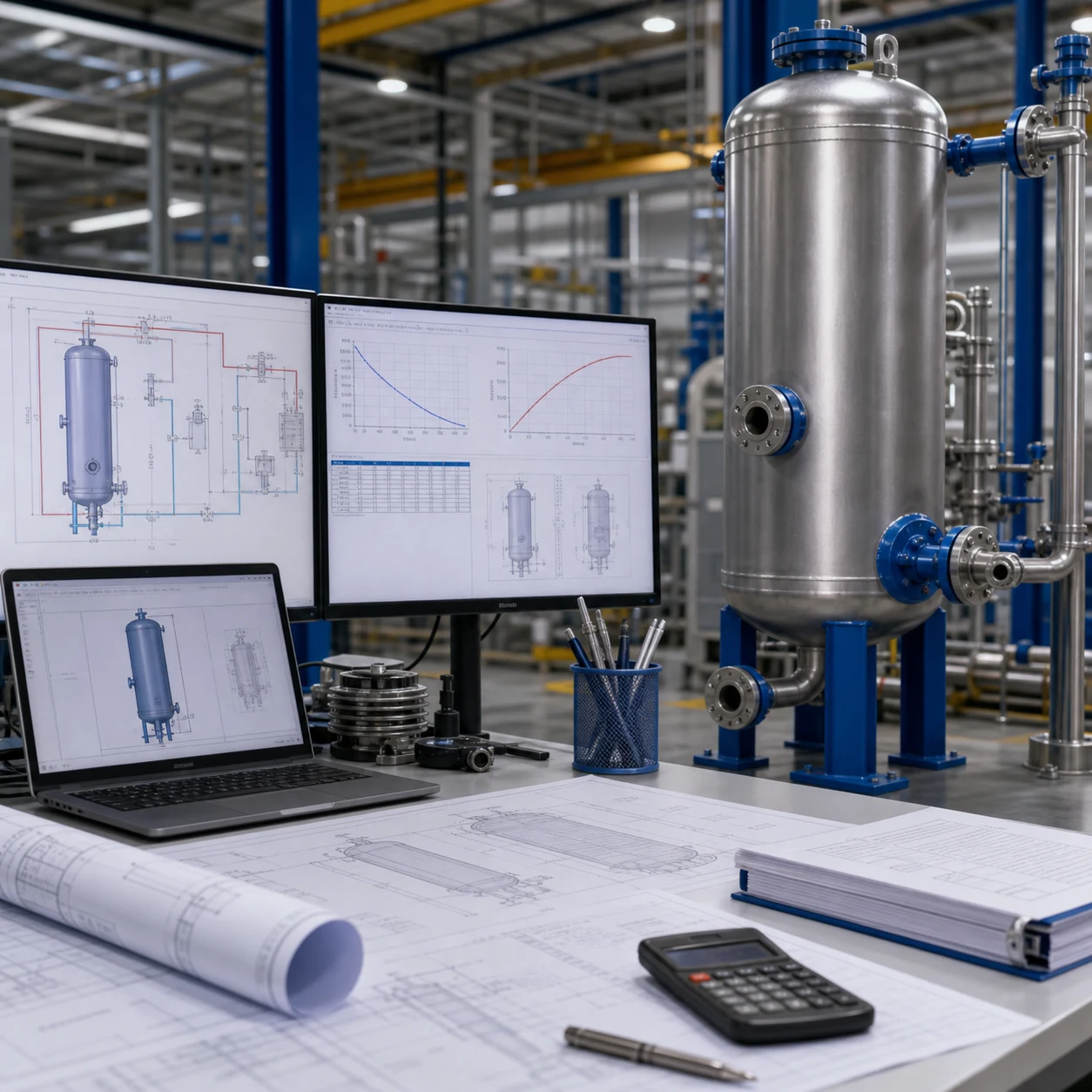 Engineering selection and design review for a vertical floating coil steam-water heat exchanger with drawings and performance data