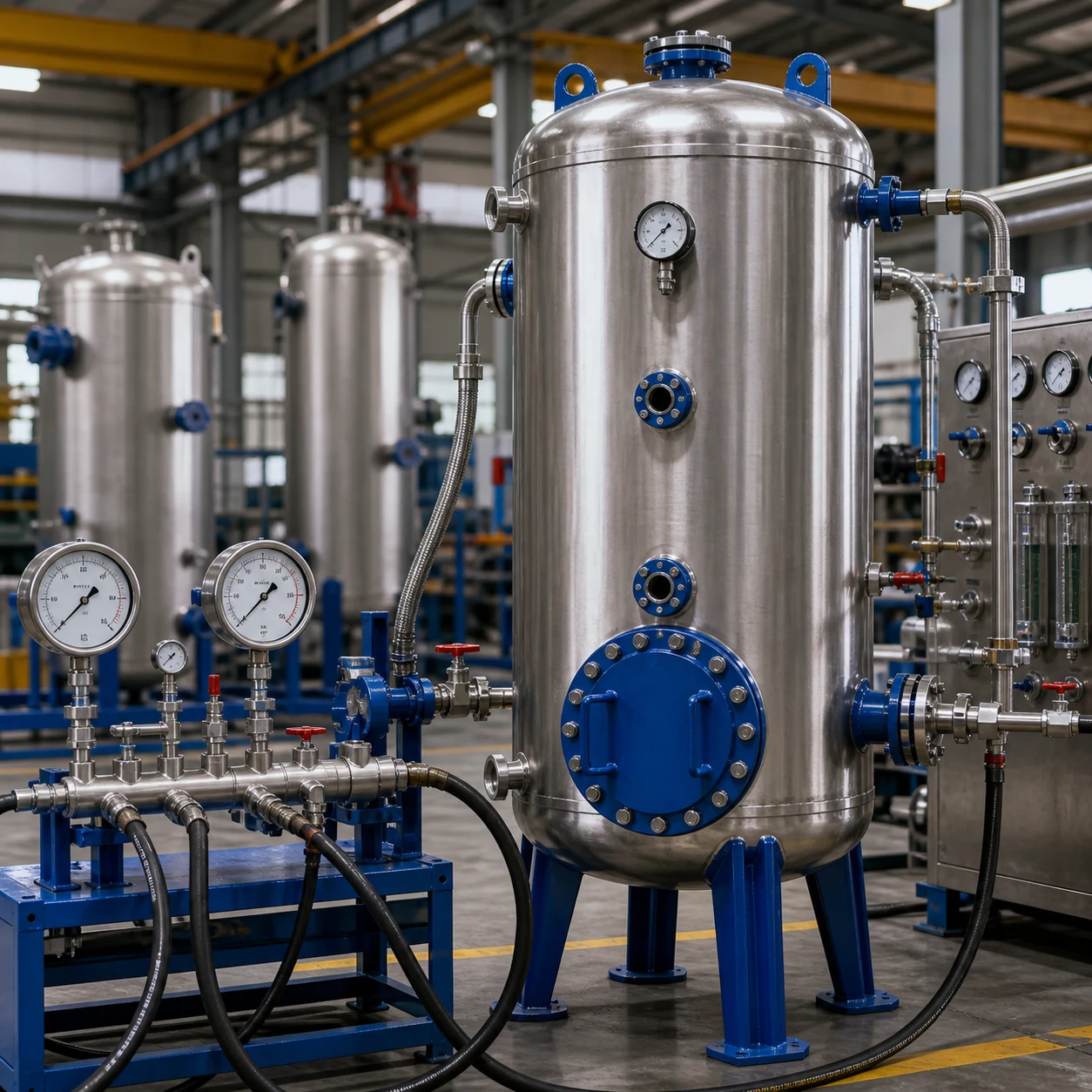 Vertical floating coil heat exchanger manufacturing and pressure-test inspection with gauges and test piping