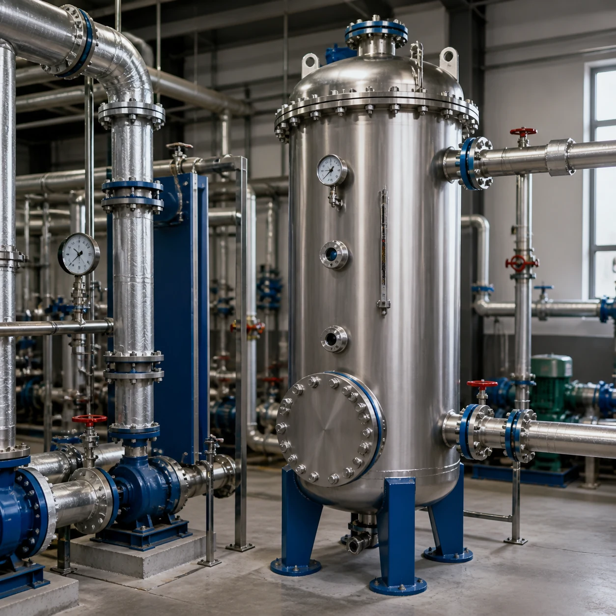 Vertical floating coil steam-water heat exchanger installed with pumps, valves and hot-water piping in a mechanical room