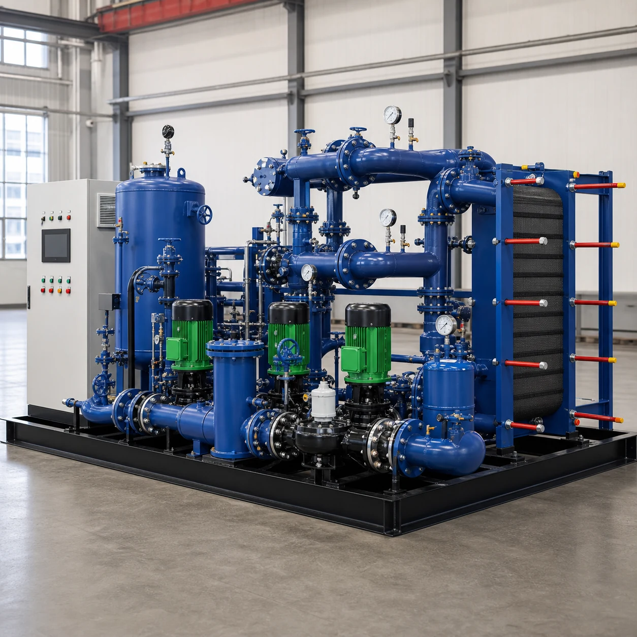Hengxin complete water-to-water heat exchange station package with plate exchanger pumps tank cabinet and blue piping