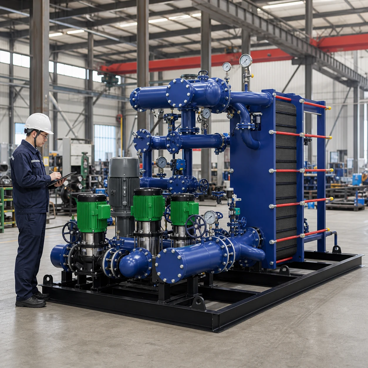 Hengxin factory inspection of a water-to-water heat exchange skid with plate exchanger pumps and blue piping
