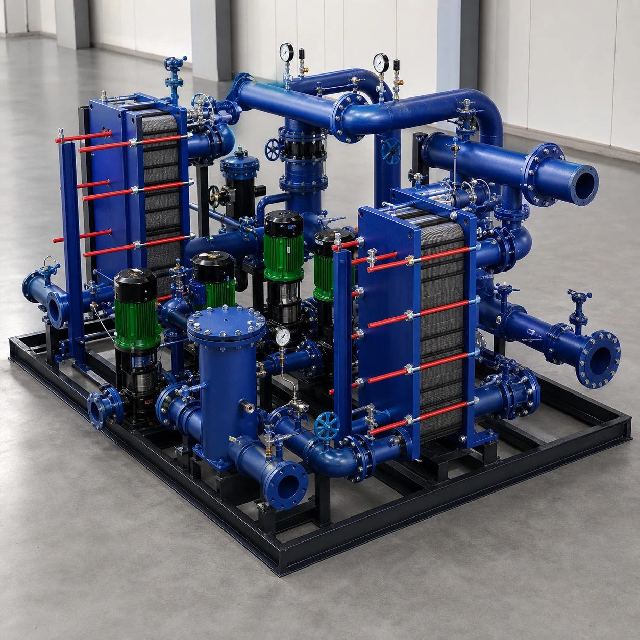 Hengxin water-to-water heat exchange system installation with plate exchanger pumps and piping